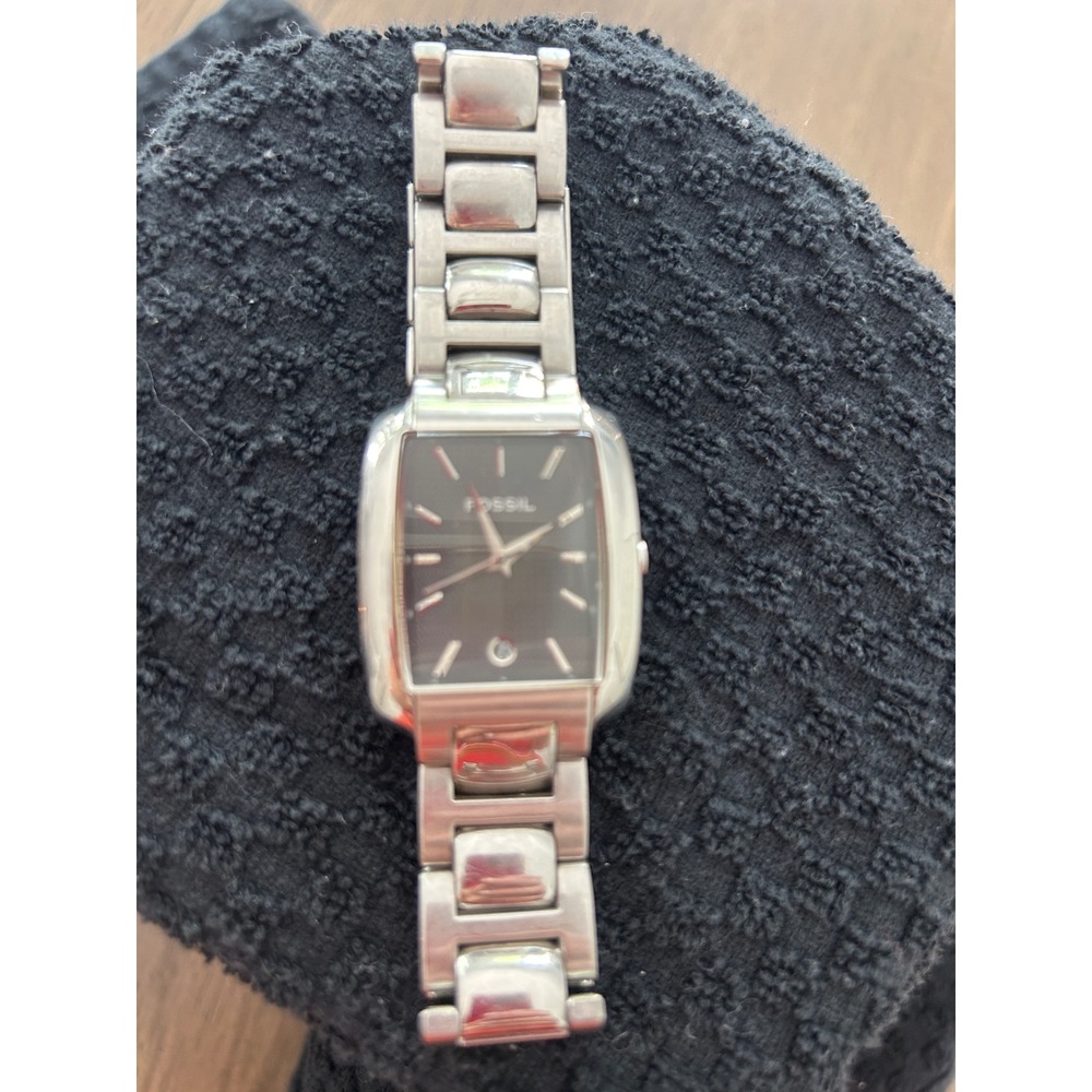 Fossil Mens Stainless Steel Rectangular Watch Black Dial FS-4029 Silver Tone